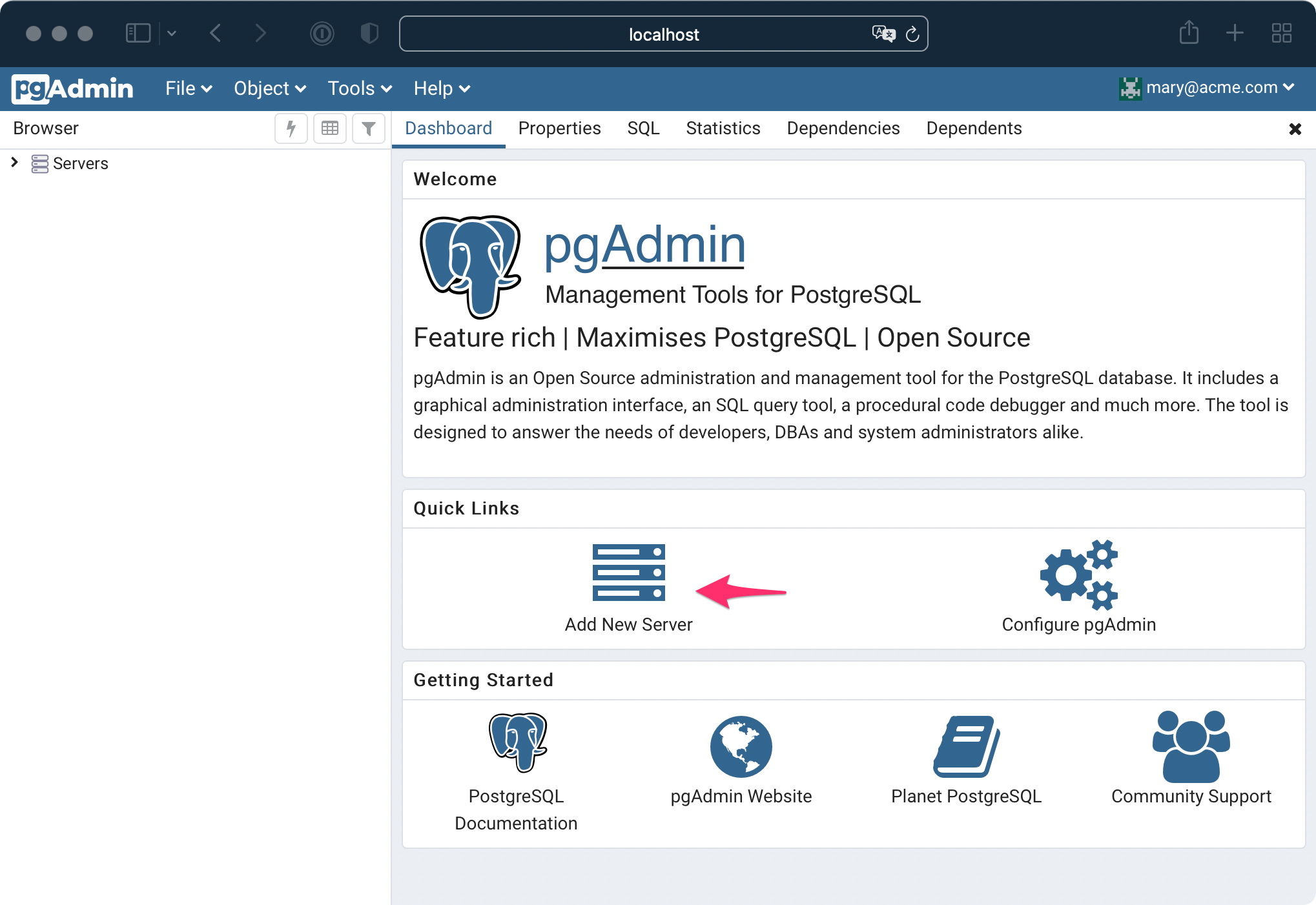 PGAdmin Dashboard